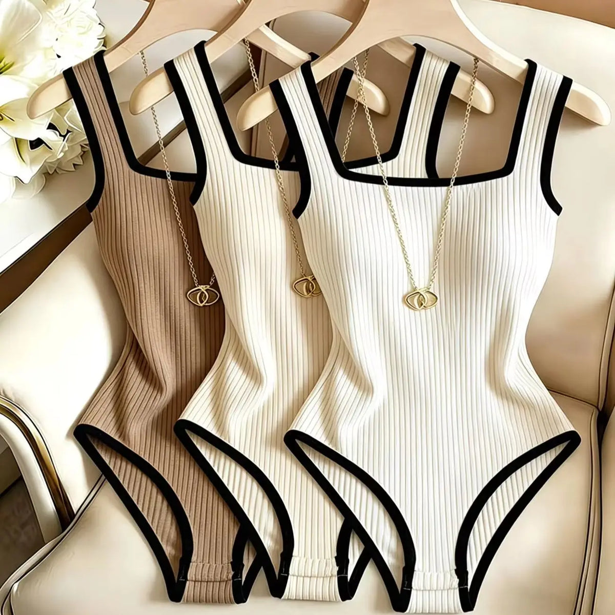 Women's Ribbed Square Neck Bodysuit — 3-Piece Set