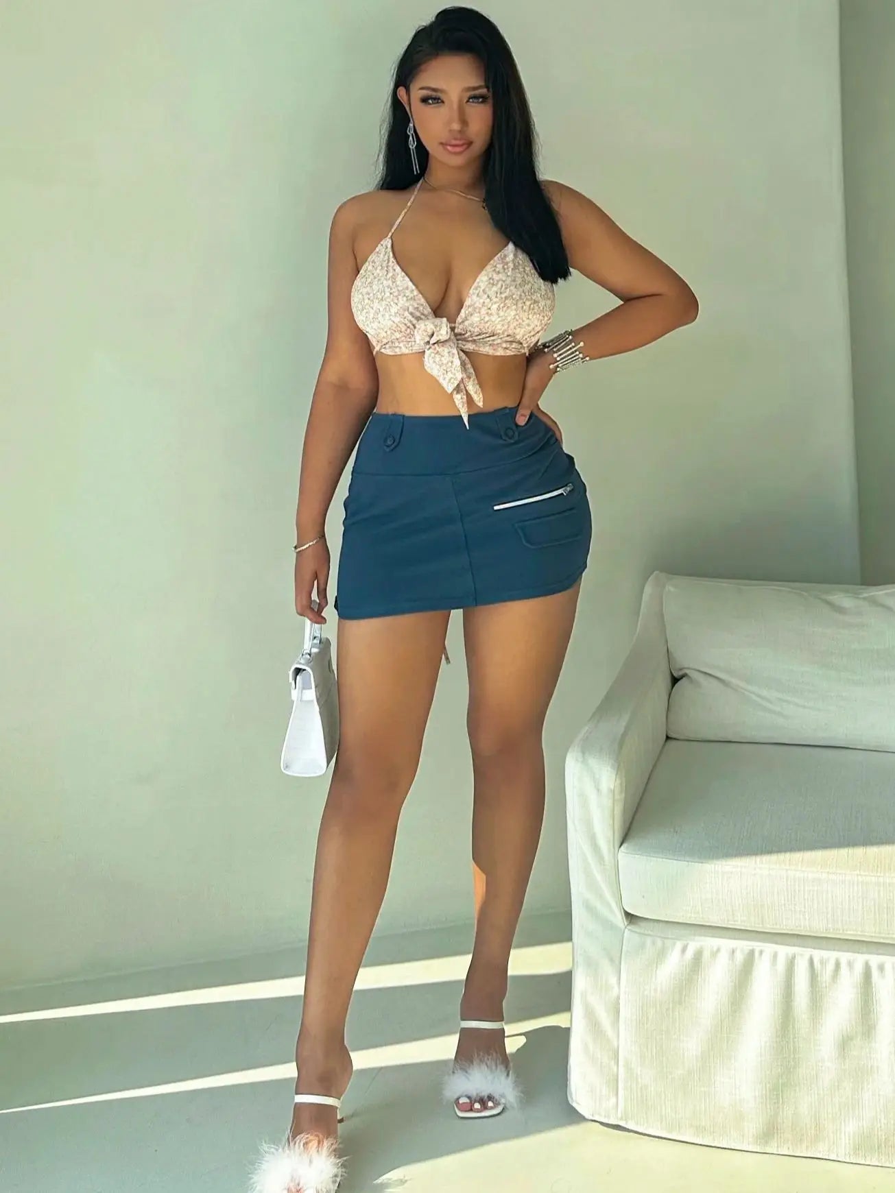 Women's floral sleeveless open navel top mini skirt set, total of 2 pieces, summer street clothing and beach clothing