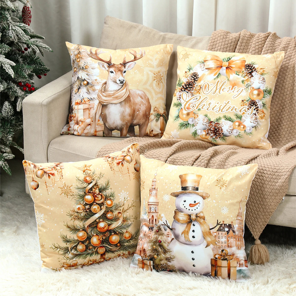 4pcs Merry Christmas Cushion Cover Home Decorations 2026 Christmas Ornament Pillow Case Xmas Navidad Gifts New Year Gifts 2026