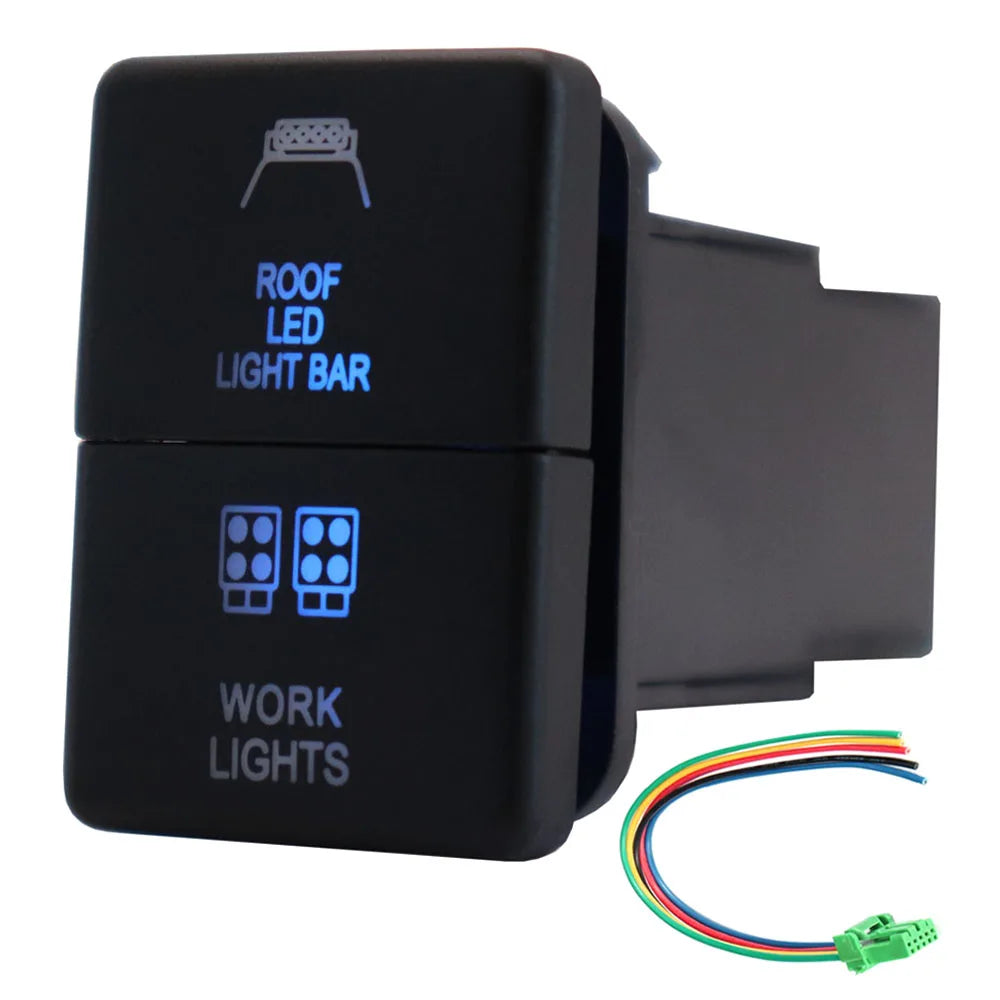 12V Dual Push Button Switch ON-Off Blue/Green Backlit 32.5mm X 22mm for Toyota 4Runner Hilux Prado RAV4, with Connector Wire