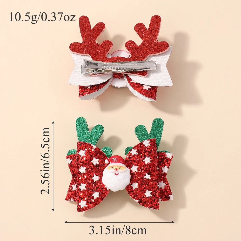 2Pcs/Set Baby Girls Christmas Hair Clips Glittle Bows with Antlers Santa Claus Snowflake Hairpin Shiny Headwear Hair Accessories
