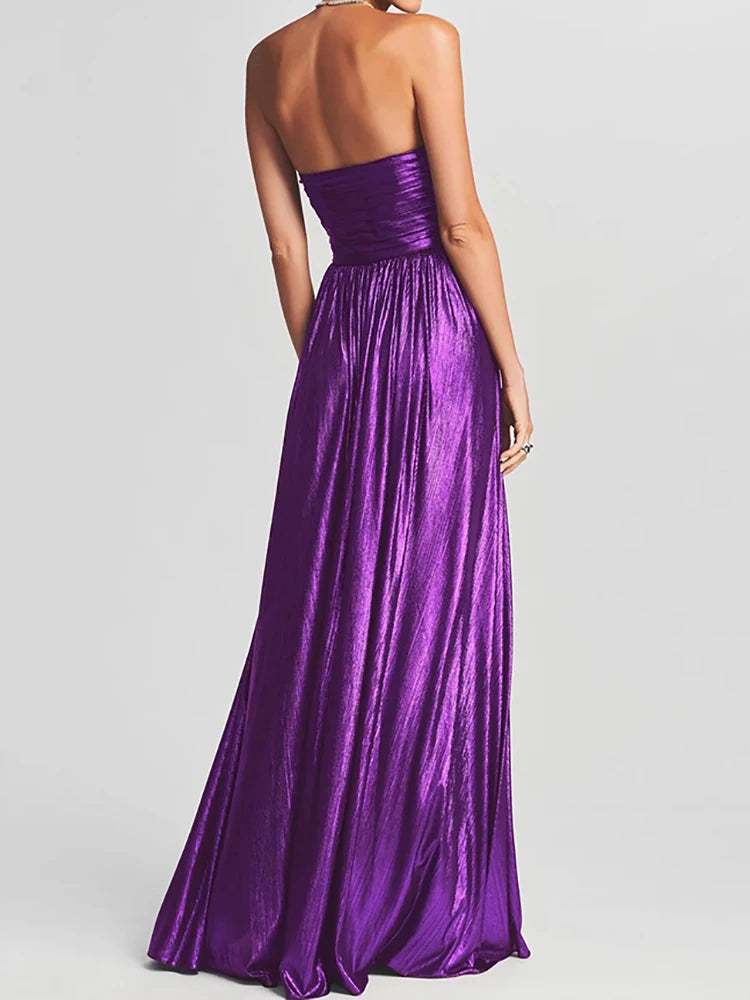 Women Spring Summer Sleeveless Casual Maxi Dress Strapless Elegant Fashion Party Dress Office Lady Retro High Slit Dress Vestido