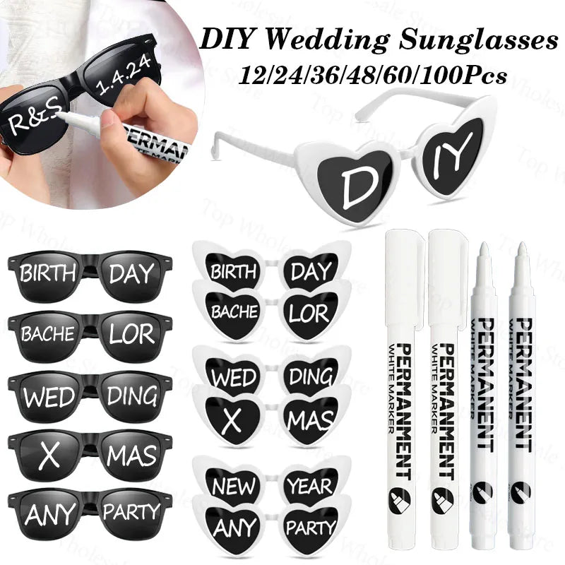 12-100 Pcs Wedding Personalized Sunglasses Bulk Custom Sunglasses with Paint Pens for Adult DIY Birthday Wedding Party Favors