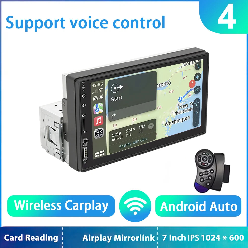 7" IPS 1-DIN Car Stereo — CarPlay, Android Auto, FM Receiver, HD Touchscreen