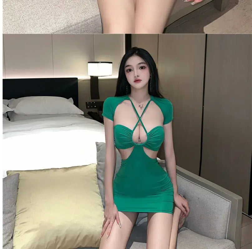Women's Hollow Back Halter Neck Bodycon Mini Dress – Sexy Slim Wrap Hip Skirt | S–L (Green, Black, White)