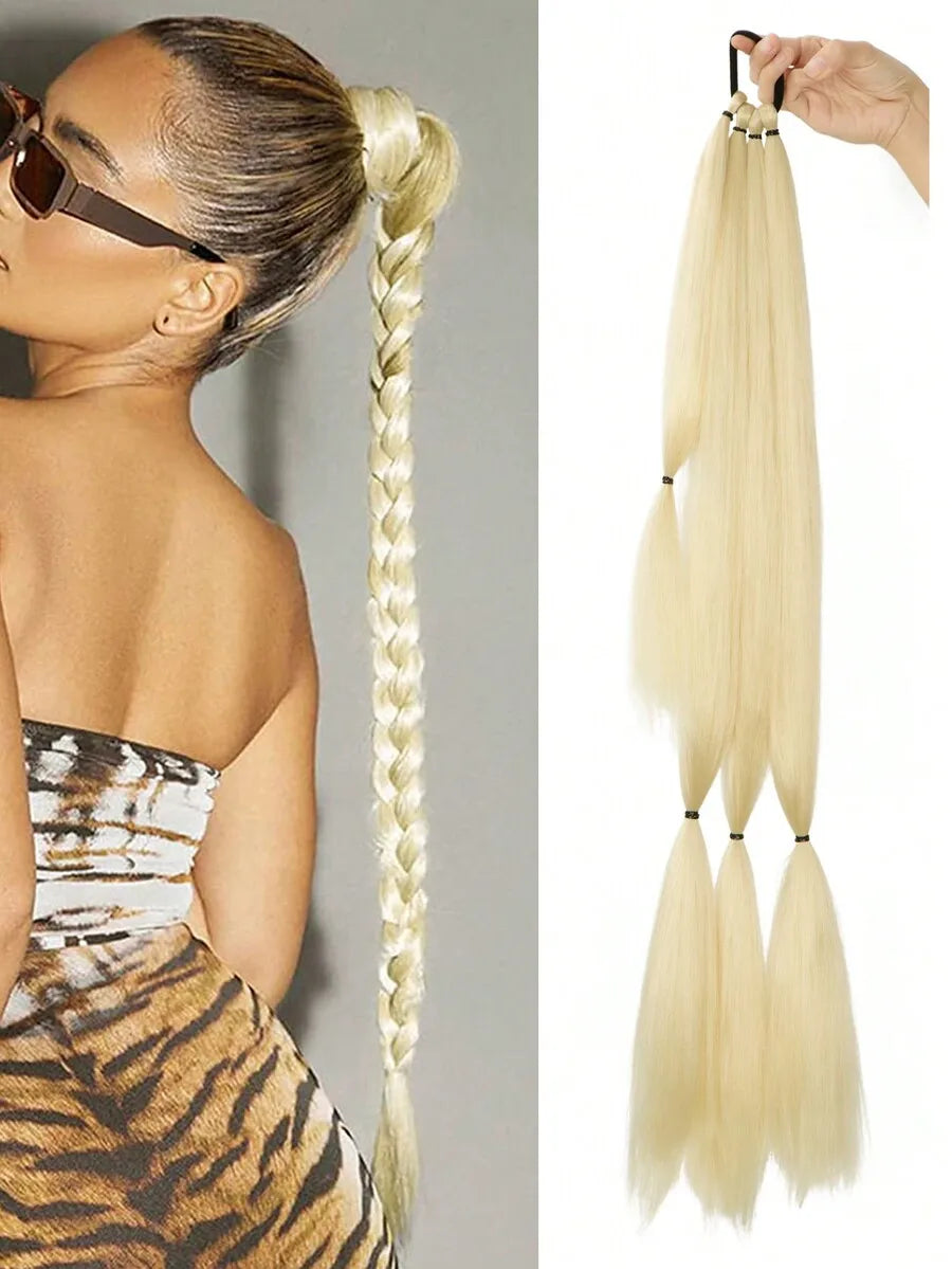 Long Braided Ponytail Hair Extensions With Hair Tie, Straight Wrap-Around Synthetic Hair, Natural Soft