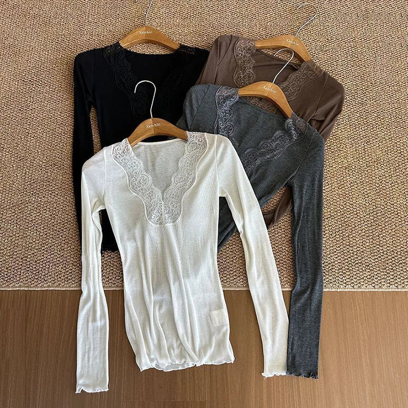Sexy Low-Cut Lace Trim V-Neck T Shirts Women Spring New Skinny Elasticity Thin Ribbed Tees Korean Fashion Y2K Long Sleeve Tops