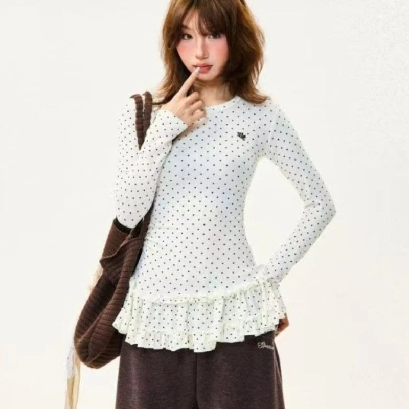 2026 Harajuku Cute Print T-Shirts Women Beige Polka Dot Ruffle Hem Tees Y2K Casual Lace Trim Tops Fashion Summer Streetwear Chic