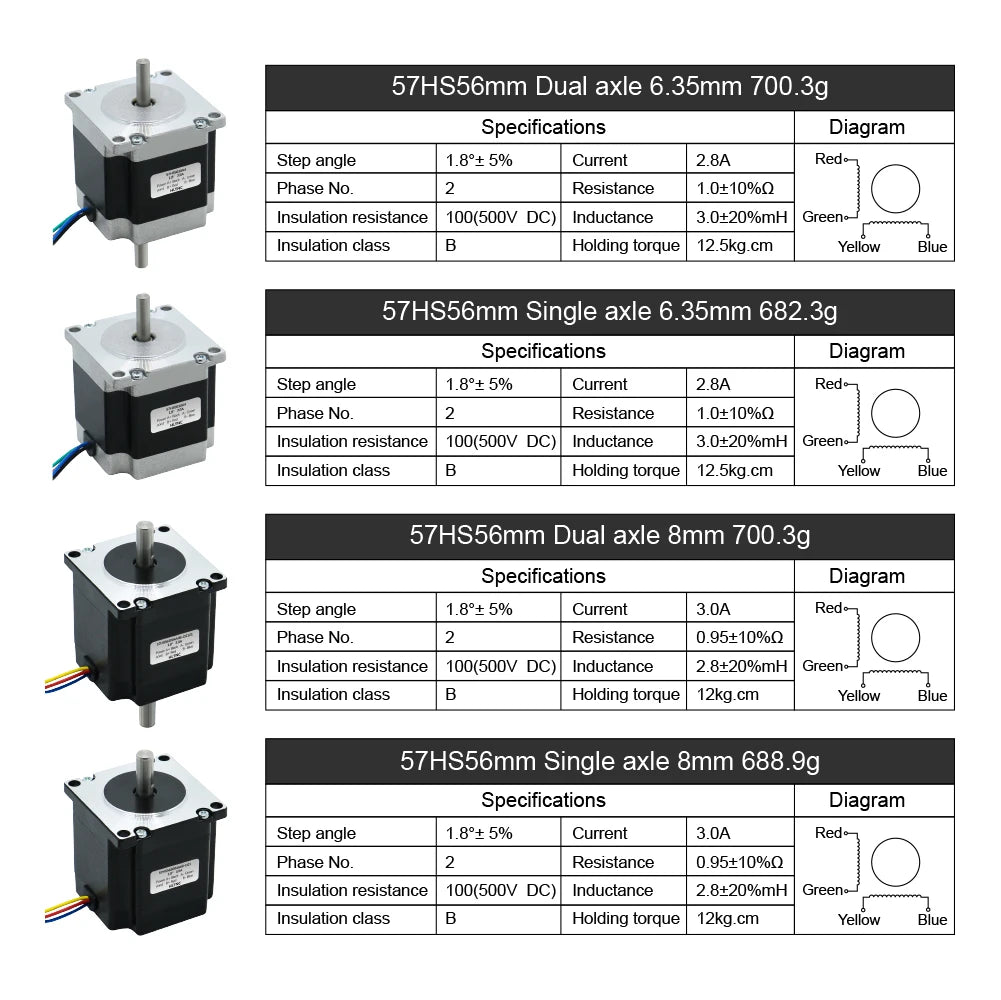 Nema 23  Stepper Motor 1.2N.m 57HS56mm 171ozin Dual Axle 6.35/8mm Single Axle 6.35mm/8mm Current 3.0A For CNC Router 3D Printer