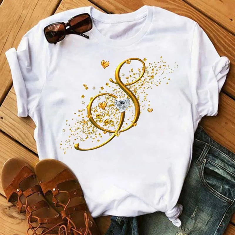 Women's Personalized Letter Graphic Tee — Gold Diamond-Font Monogram Short-Sleeve Top