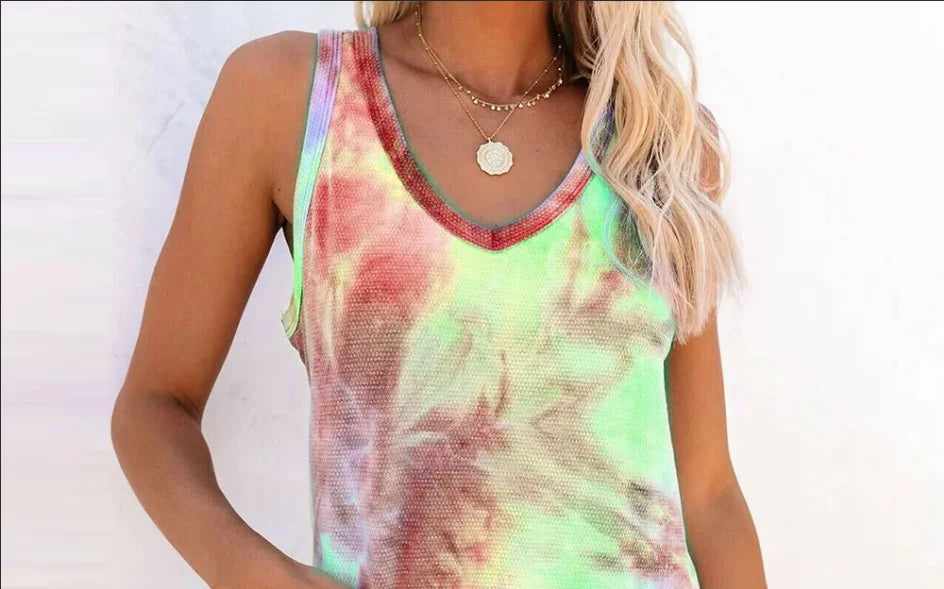 Women's Tie-Dye Cloud Sunflower Print Sleeveless Vest T-Shirt – Casual Summer Top