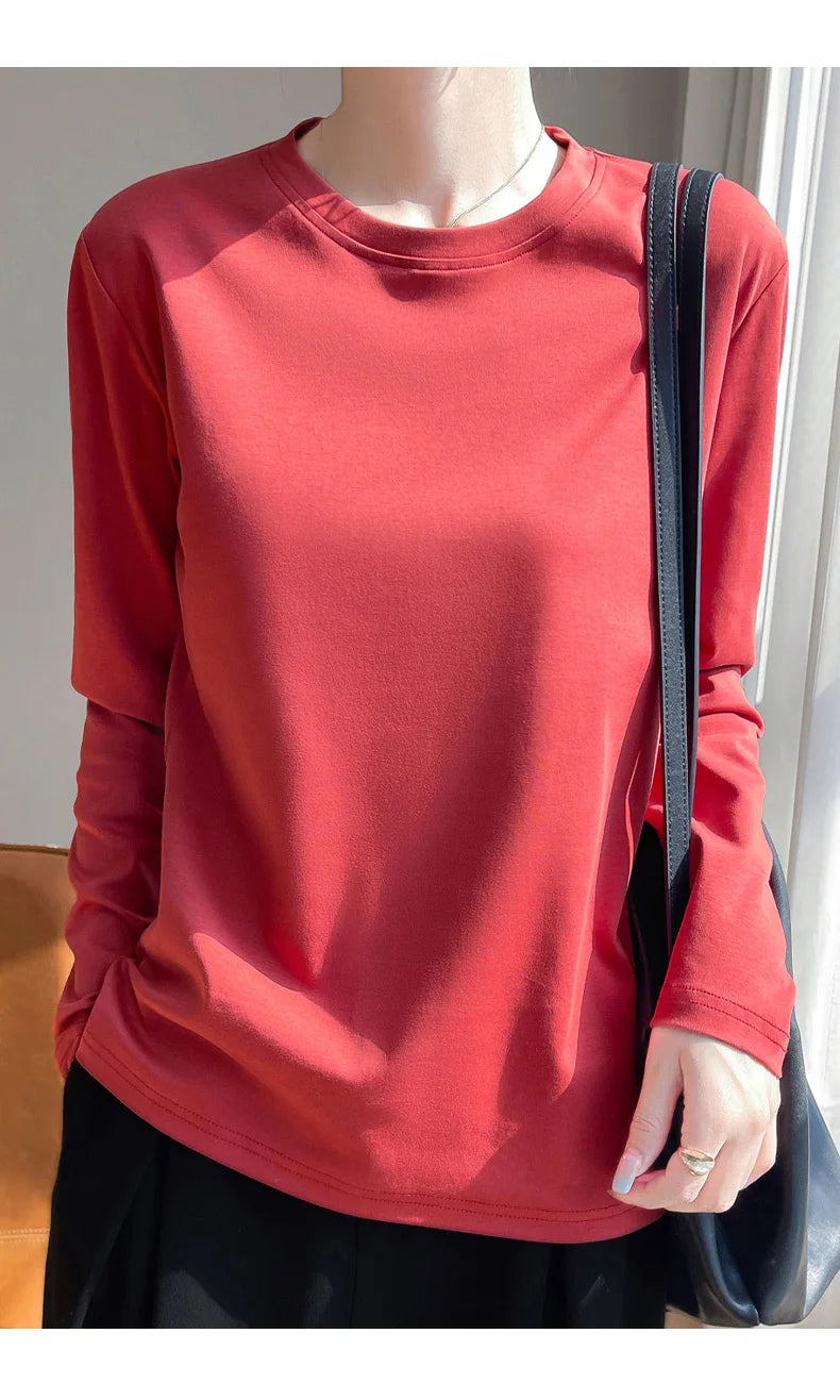 Spring And Summer New Mercerized Cotton Long Sleeve T-shirt Women's Round Neck Loose 100% Cotton Bottoming T-shirt