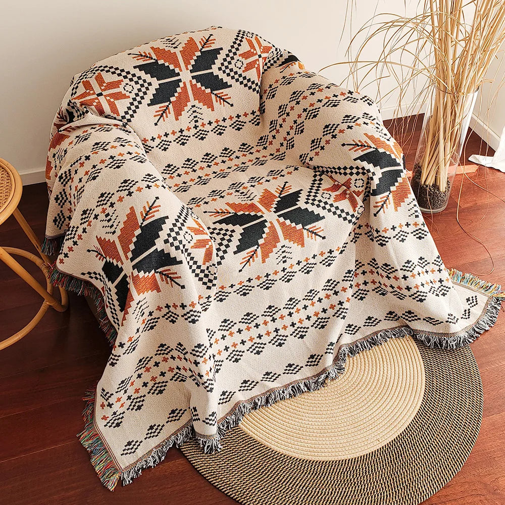 Aztec Boho Throw Blanket with Fringe