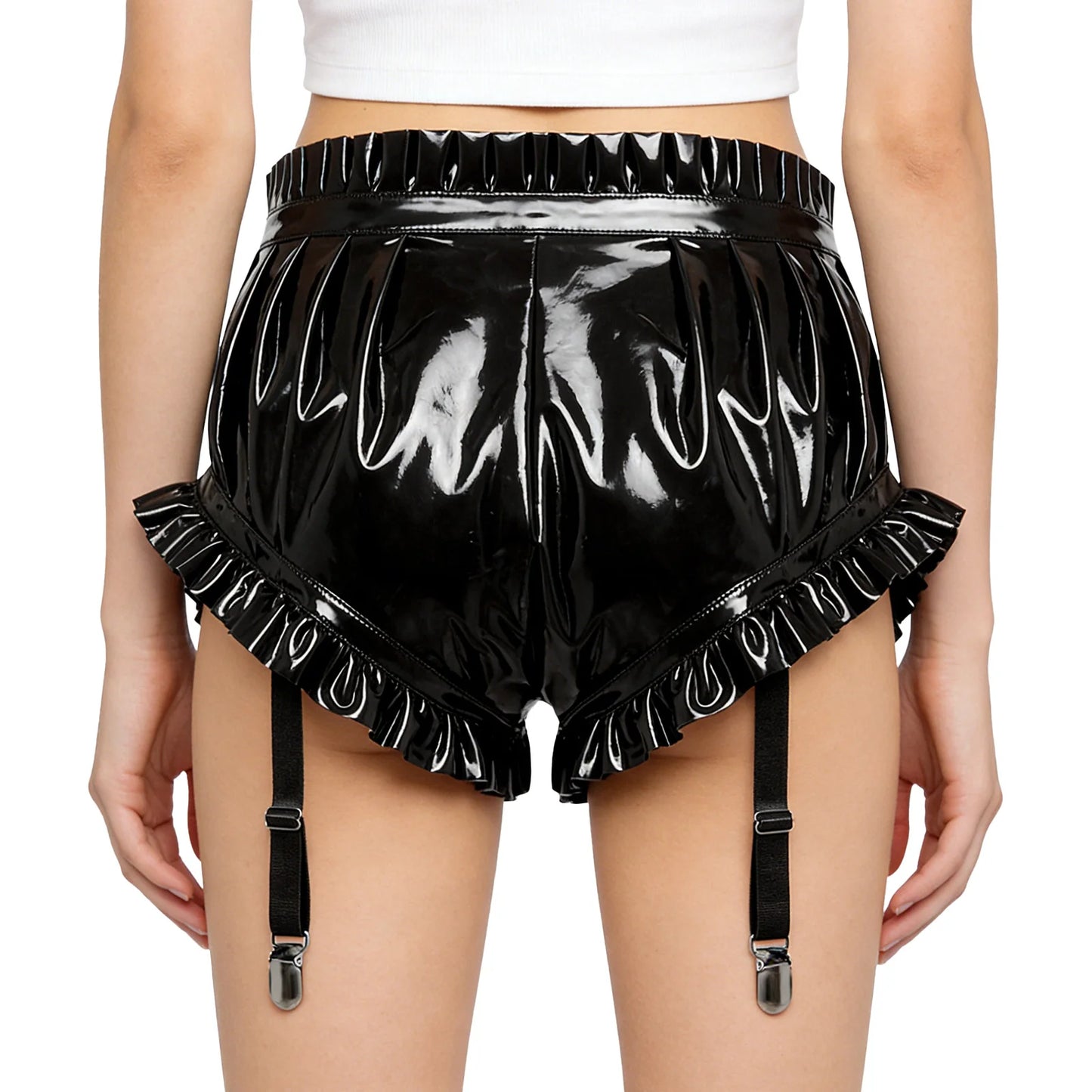 Womens Wet Look Lingerie Latex Shorts Patent Leather Ruffle Trim with Garter Clips Ruched Bloomer Shorts Glossy Rave Clubwear