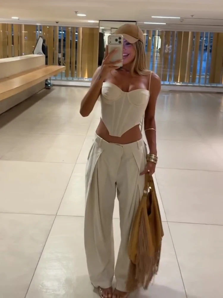 Boho Side-Cutout Cami & Wide-Leg Pants Set for Women