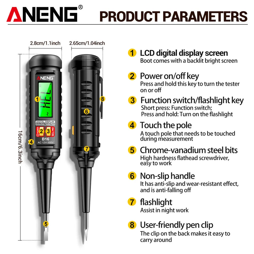 12V-300V AC Voltage Sensing Digital Tester Pen ANENG B16 Word Screwdriver Non-Contact NCV Voltage Sound and Light Alarm Detector