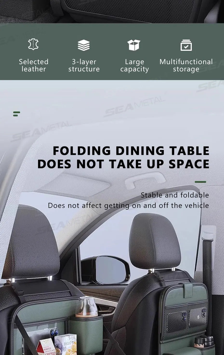 SEAMETAL Car Seat Back Storage Bag Large Capacity Multi-Pocket Backseat Organizer Foldable Dining Table Tablet Tray Hanging Bag