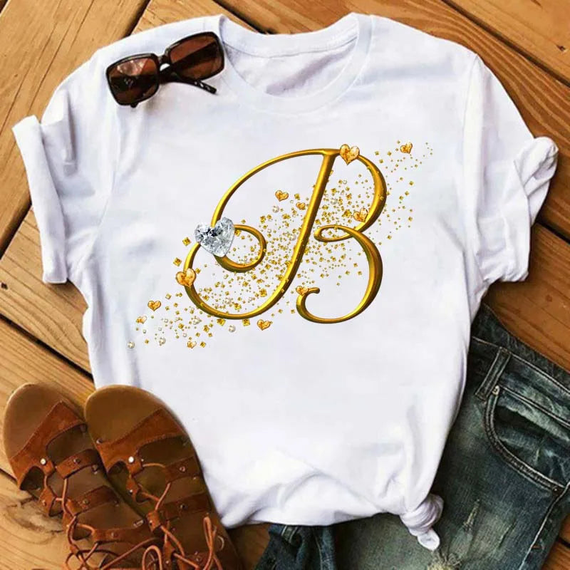 Women's Personalized Letter Graphic Tee — Gold Diamond-Font Monogram Short-Sleeve Top