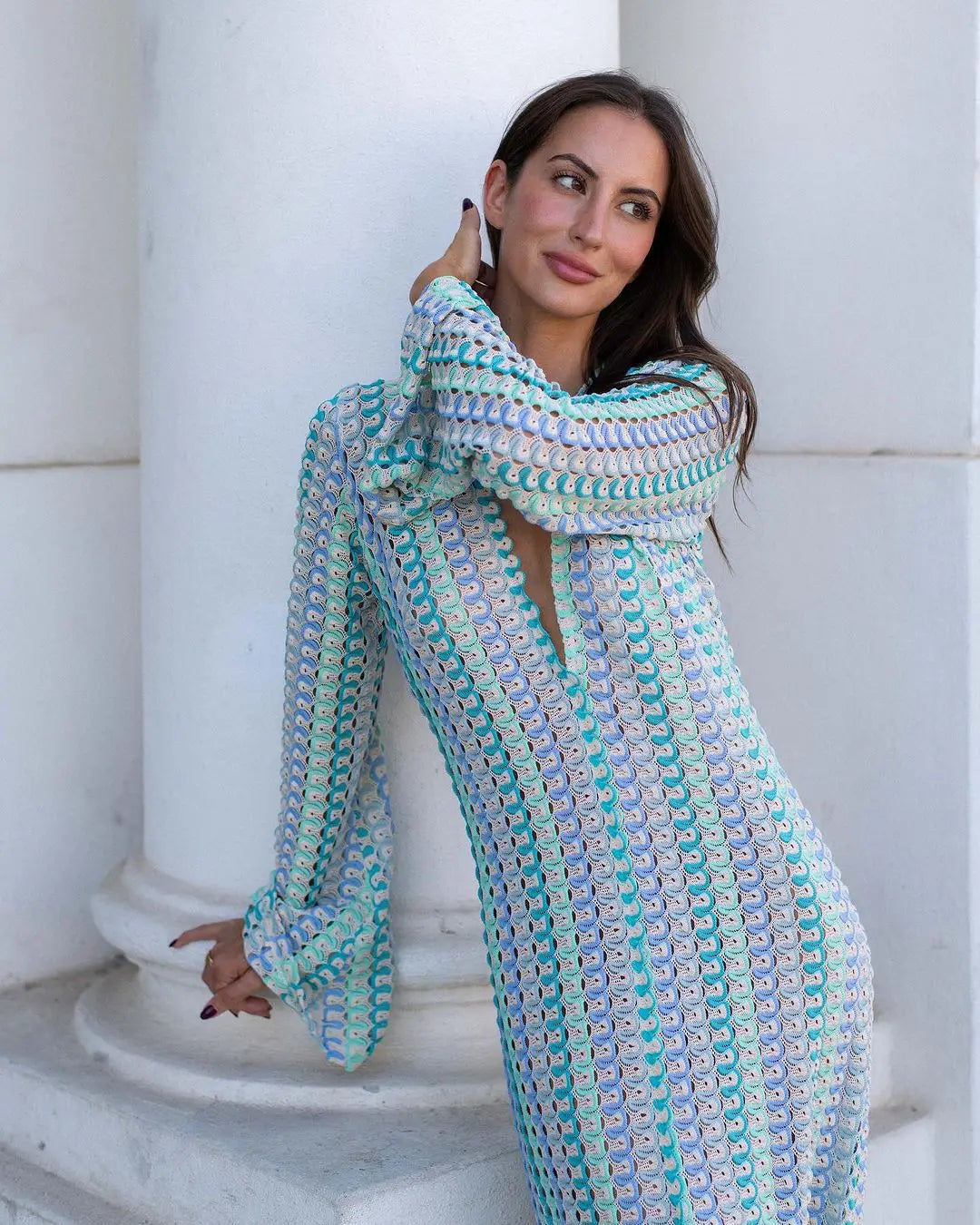 Crochet Colorful Stripe Flare Sleeve Maxi Dress Women V-neck High Split Sexy Lace Long Dresses 2026 New Beach Banquet Vestidos