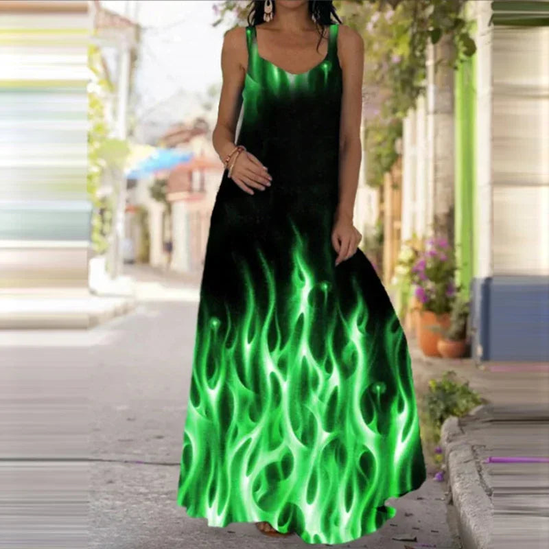 Women's Flame Print Sleeveless Maxi Dress – Casual Summer Sundress