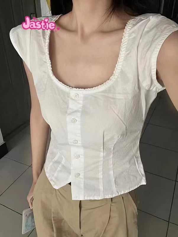 White Lace Tied Square Neck Summer T-shirts Chic Elegant Short Sleeve Tee Cotton Y2K Street Casual Bow Tie-up Top Women