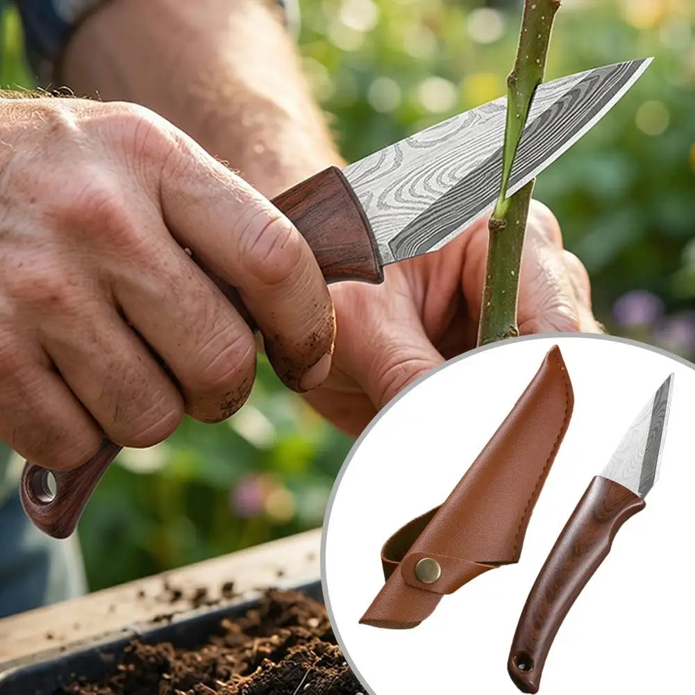 Grafting Knife with Leather Sheath — Wooden Handle Budding Tool
