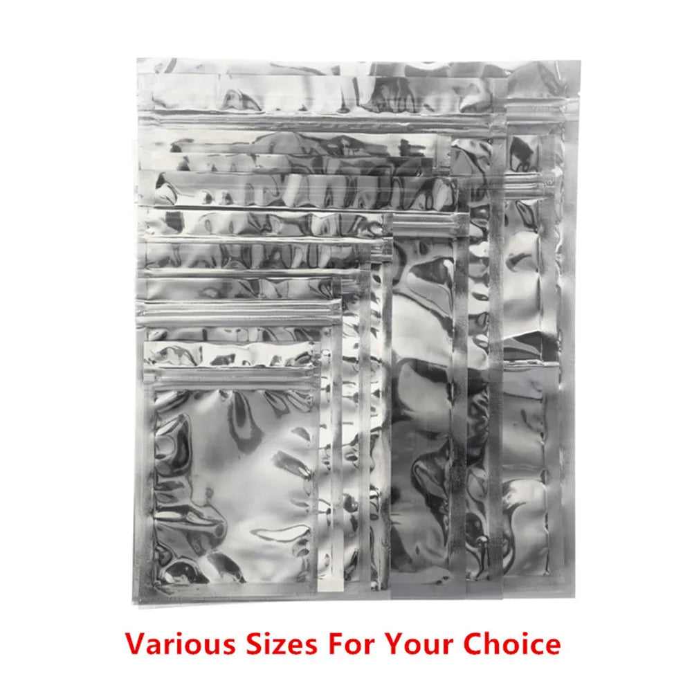 100pcs Aluminum Foil Zip Lock Bags – Food Grade Silvery Mylar Resealable Pouches for Snacks, Herbs & Gift Packaging