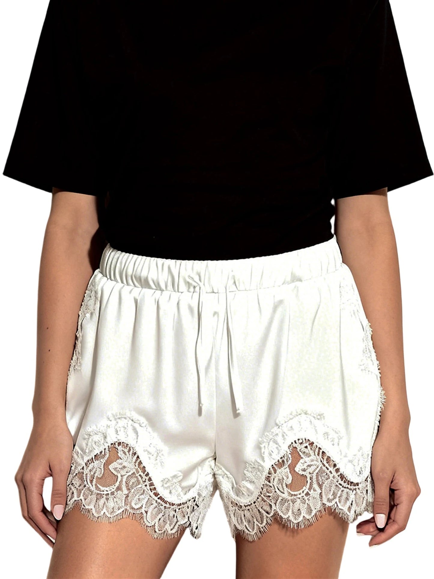 Women's Mini Shorts Lace Patchwork Drawstring Elastic Waist Casual Summer Lounge Shorts