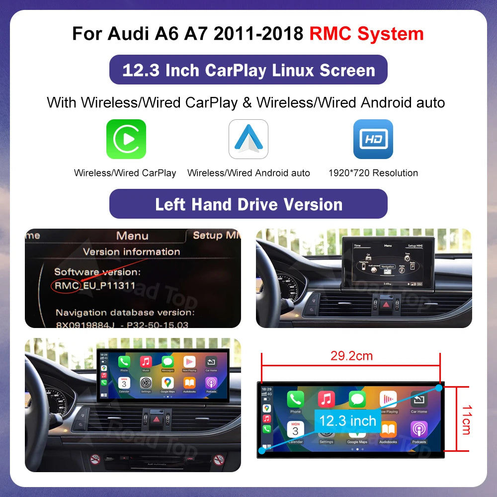 Road Top Multimedia Stereo For Audi A6 C6 C7 A7 2011-2018 Wireless CarPlay GPS Navi Radio Player Bluetooth 12.3" Touch Screen