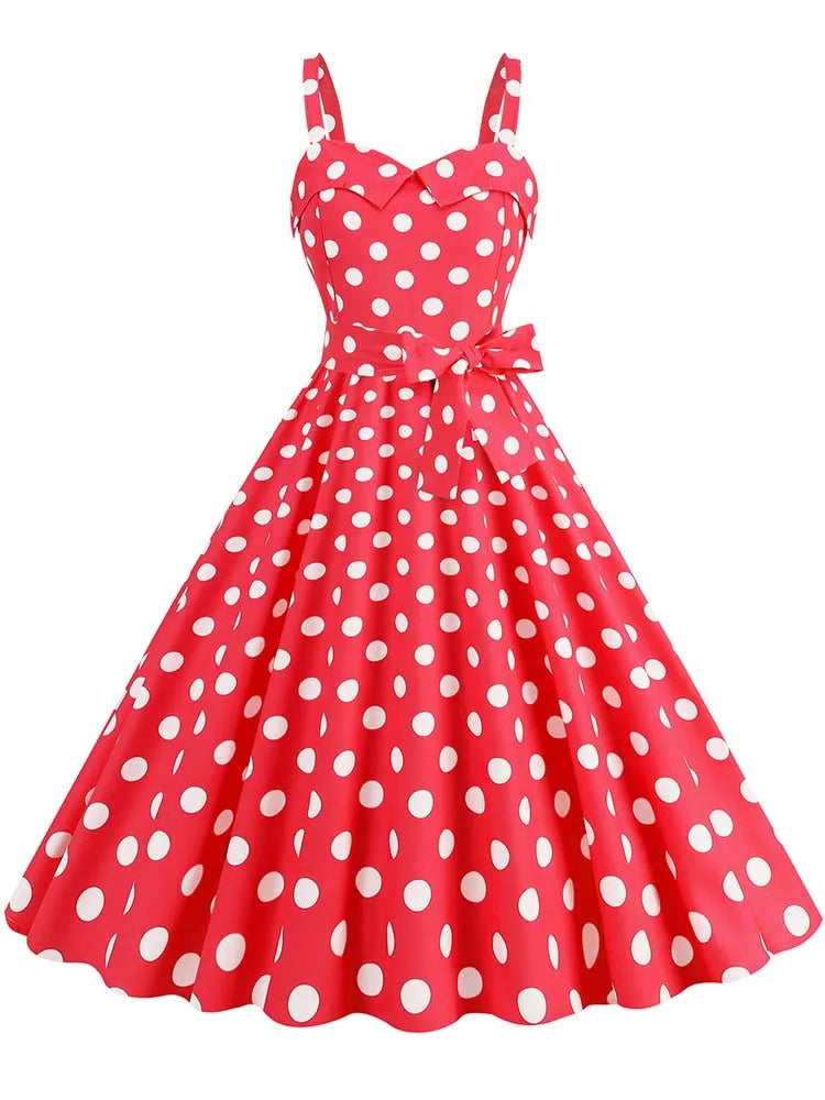 Women's Polka-Dot Puff-Sleeve Midi Sundress — Vintage Square-Collar Dress