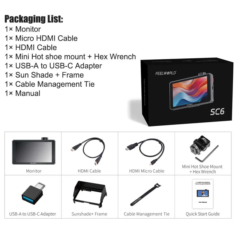 FEELWORLD SC6 6-inch Photography Video Monitor 1500NIT High Brightness 3G SDI HDMI 4K60Hz 1920X1080 IPS Screen Aluminum Shell