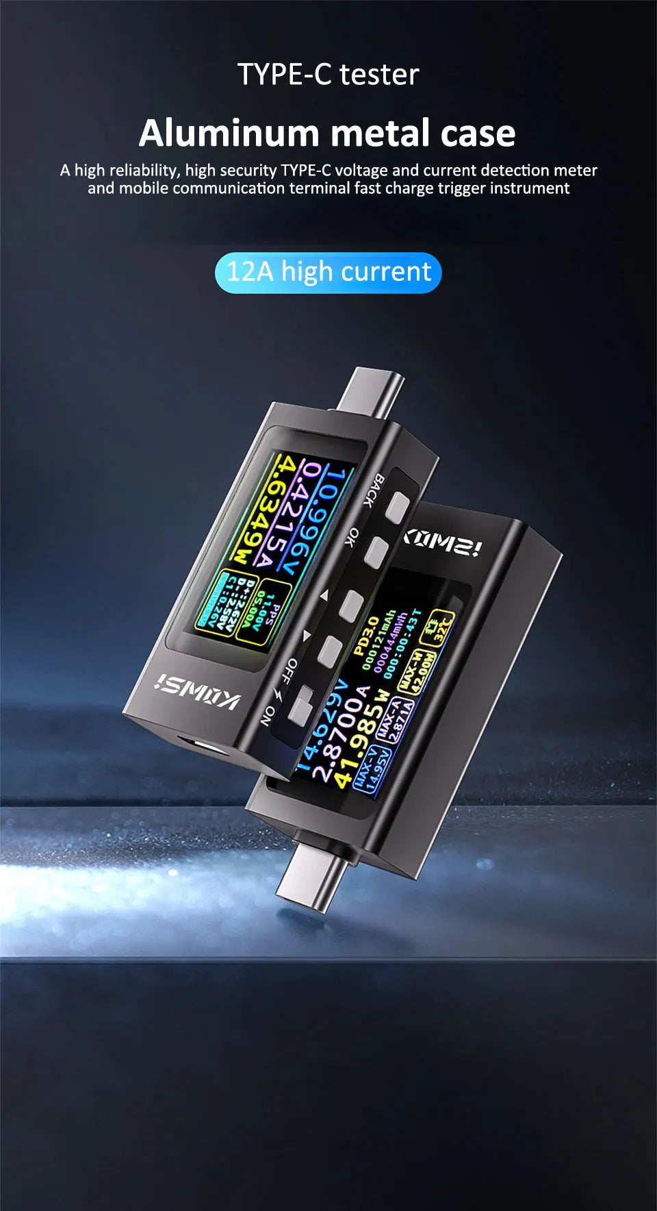 KWS-X1 4V-30V 12A Type C Tester Voltmeter Ammeter TYPE-C Fast Charge Detection Trigger Capacity Measurement Ripple Measurement