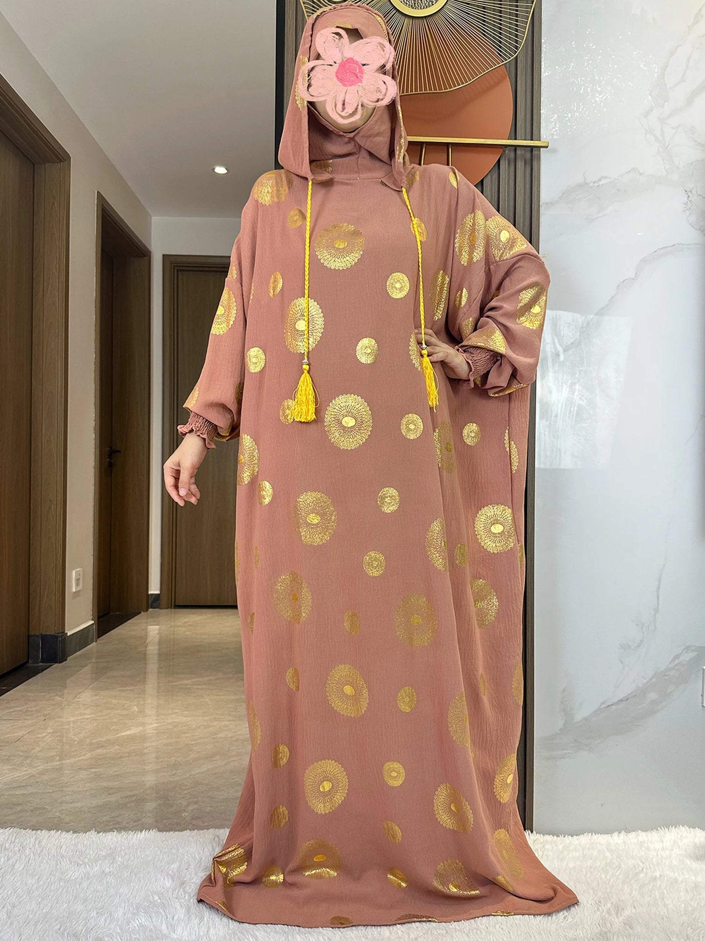Women's Cotton Embroidered Abaya Kaftan – Gold Dust Shimmer, Loose Fit, All-Season Muslim Dress