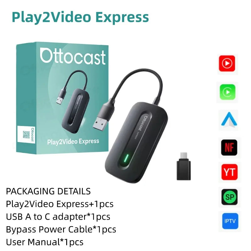 OTTOCAST Play2Video Express Wireless CarPlay & Android Auto Adapter — Streaming App Support