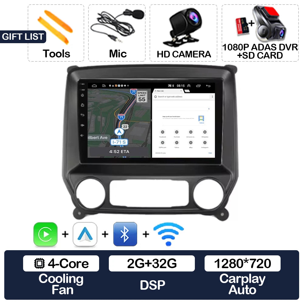 Android 16 Car Radio For Chevrolet Silverado 3 GMTK2 2014 2015 2016 2017 2018 Carplay Auto 2K Screen Multimedia Video Player GPS