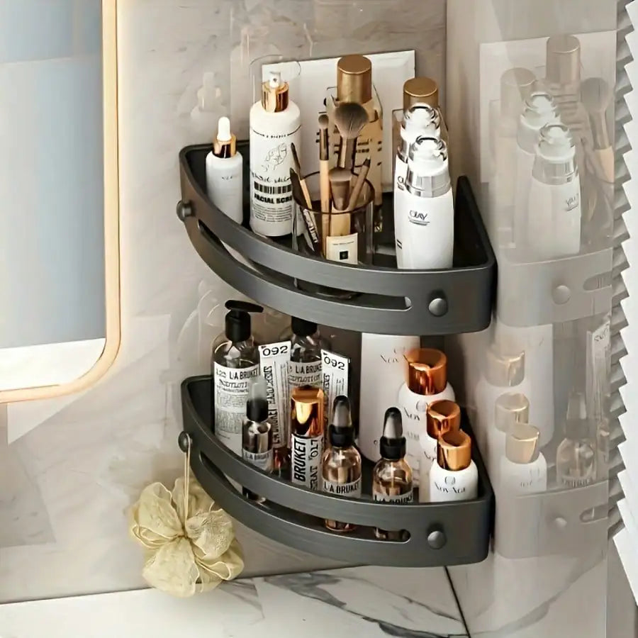 1/2Pcs Wall Mounted Corner Rack: No-Drill Black Bathroom Shampoo Towel Holder