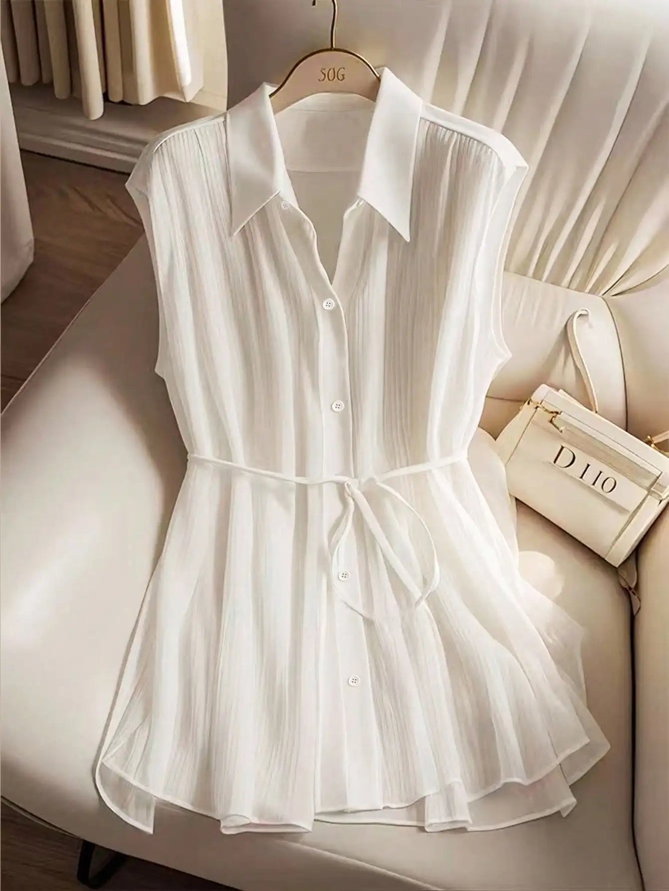Women's White Sheer Sleeveless Blouse 2026 Turn Down Collar Button Down Belted Waist Peplum Top Casual Office Summer Shirt