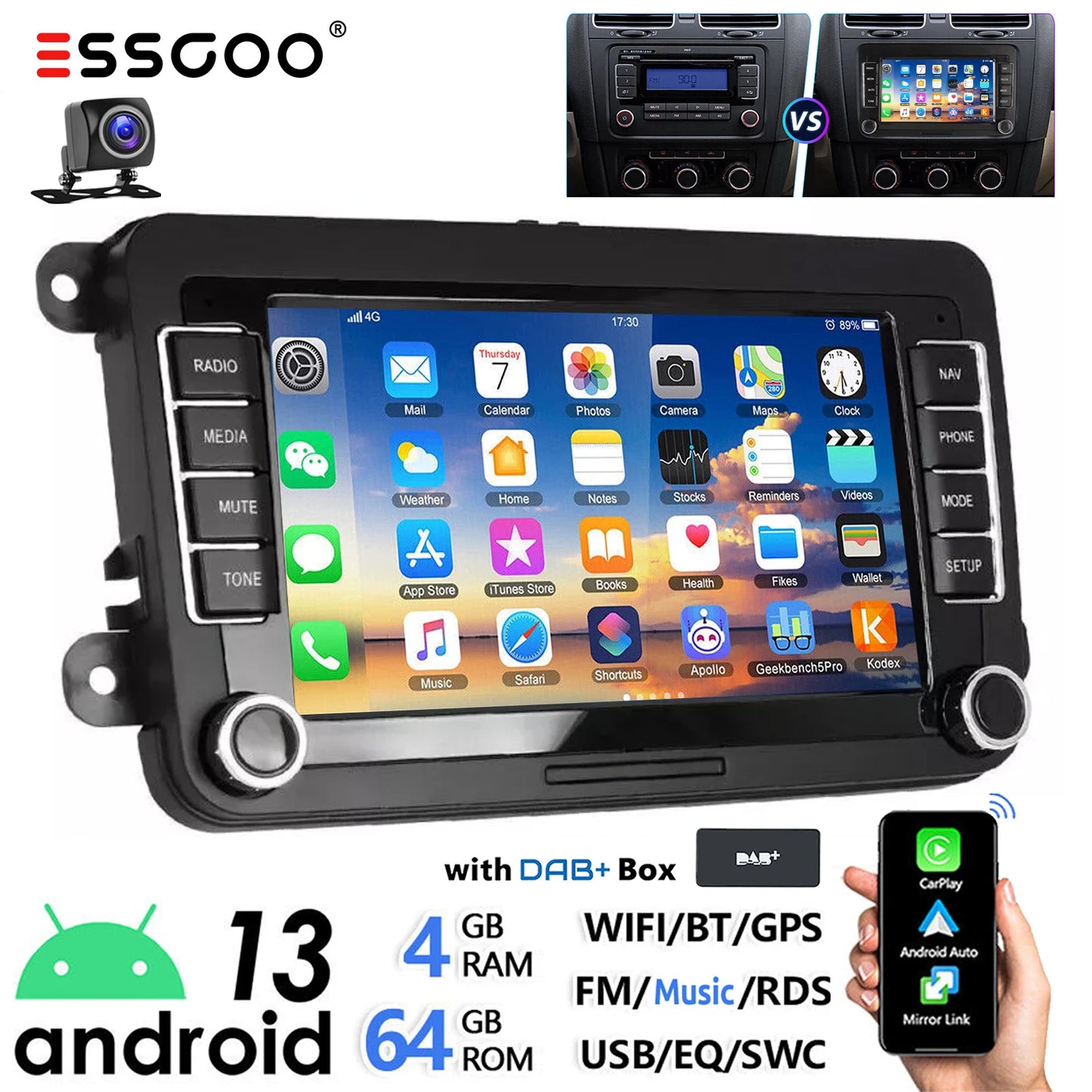 ESSGOO 7" Android 14 4G+64G Apple Carplay ChatGPT Car Stereo GPS WIFI RDS BT for VW Golf 5 6 Passat Polo Touran Tiguan Caddy EOS