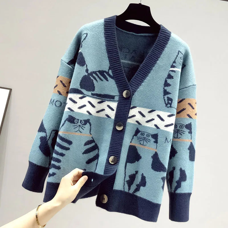 Women Cardigan Sweater Spring Autumn Long Sleeve V-Neck Wild Knitted Jacket Female Cartoon Printing Thick Sweater Cardigan Coat
