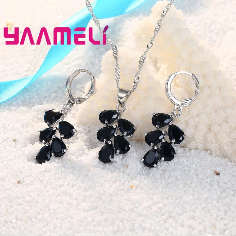 Anniversary Gift For Women Trendy 925 Sterling Silver Jewelry Sets Cubic Zirconia Pendants Necklaces Charm Hoop Earrings