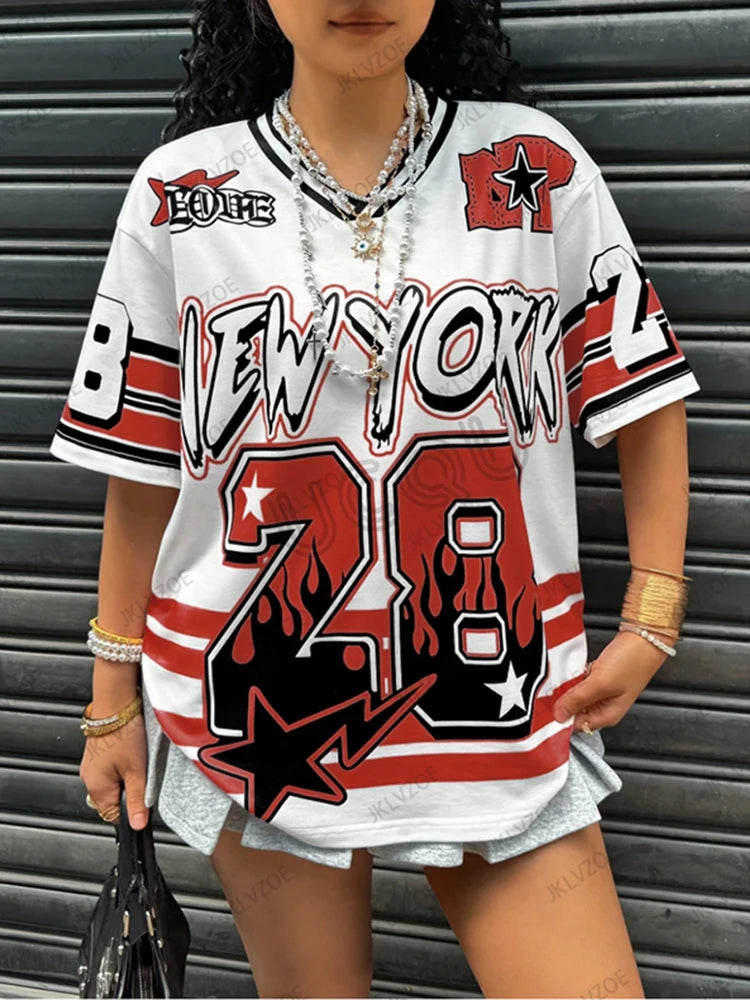 Oversized T-shirt For Women V-Neck Short Sleeve Summer Patchwork New York 28 Print Casual Tees Sports Football Jersey Y2k Tops