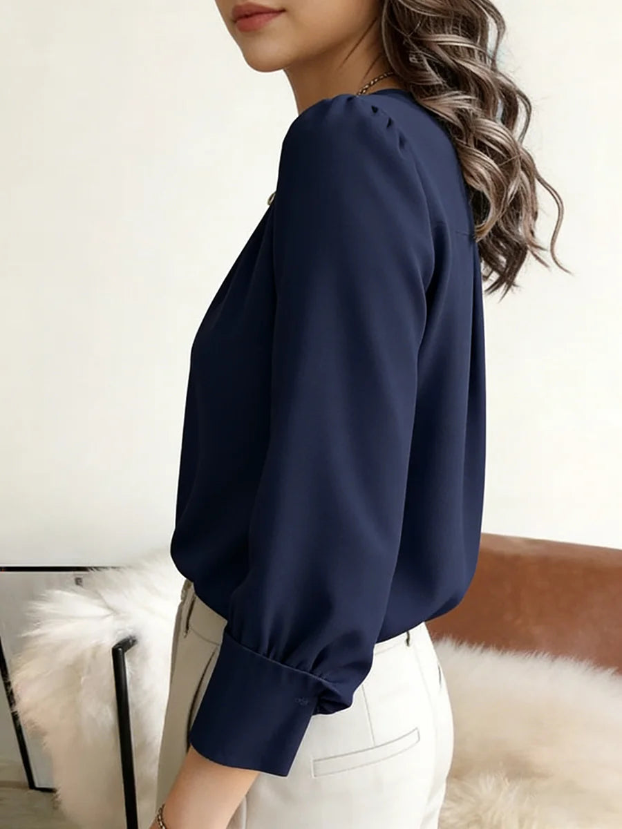 Women's Pleated Round Neck Blouse - Loose Long Sleeve Top - photo 5