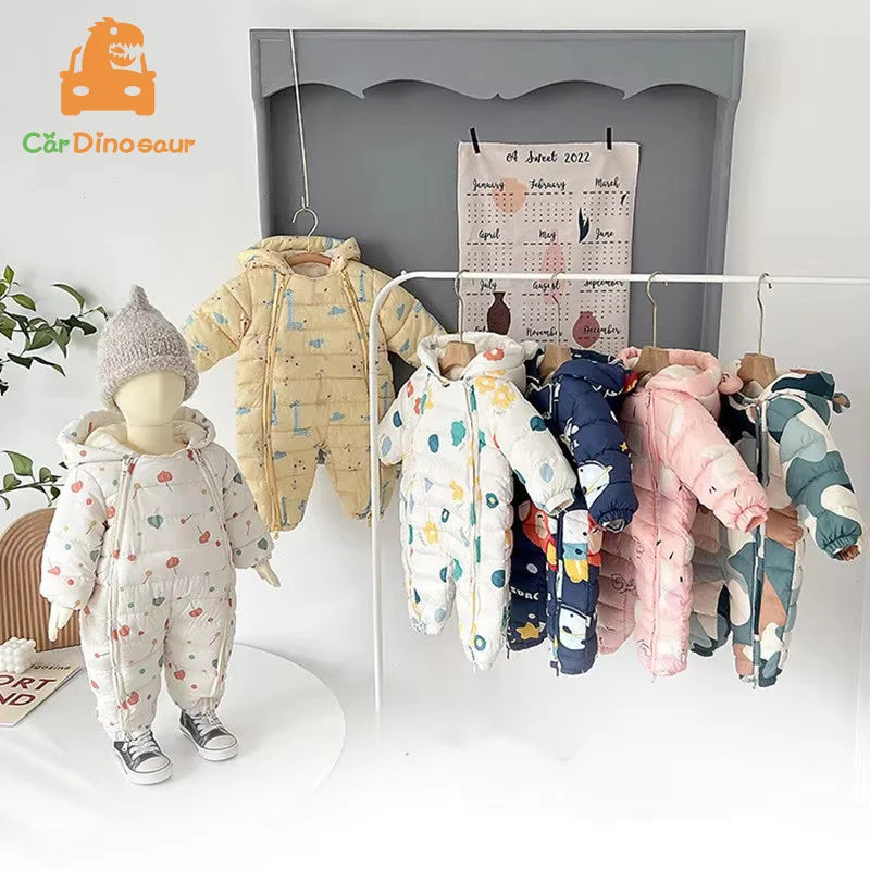 Baby Velvet-Lined Printed Jumpsuit - Thick Winter Romper 3-24 Months
