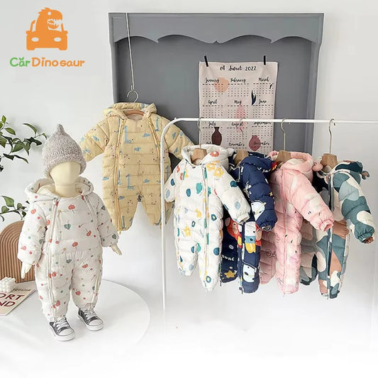 Baby Velvet-Lined Printed Jumpsuit - Thick Winter Romper 3-24 Months