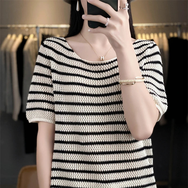 Pure Cotton Hollow Short-Sleeved Ladies Spring And Summer Loose Slim New Joker Knit Bottoming T-Shirt