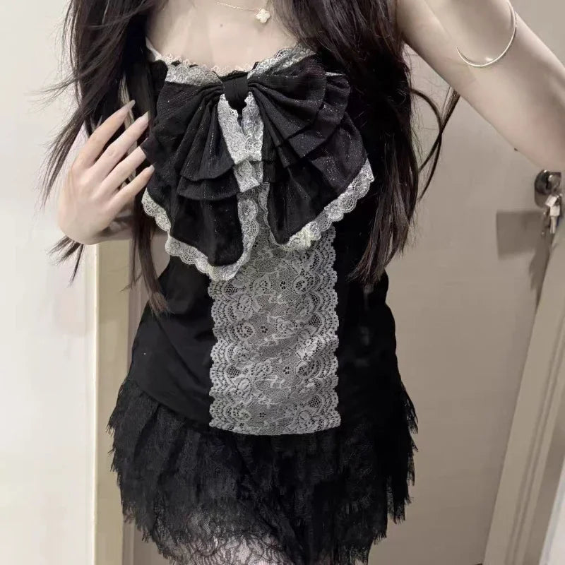 Y2K Retro Polka Dot Lace Tops Women Sweet Hot Girls Summer Vintage Cute Strappy Y2K Harajuku Grunge Casual Fashion Vest New