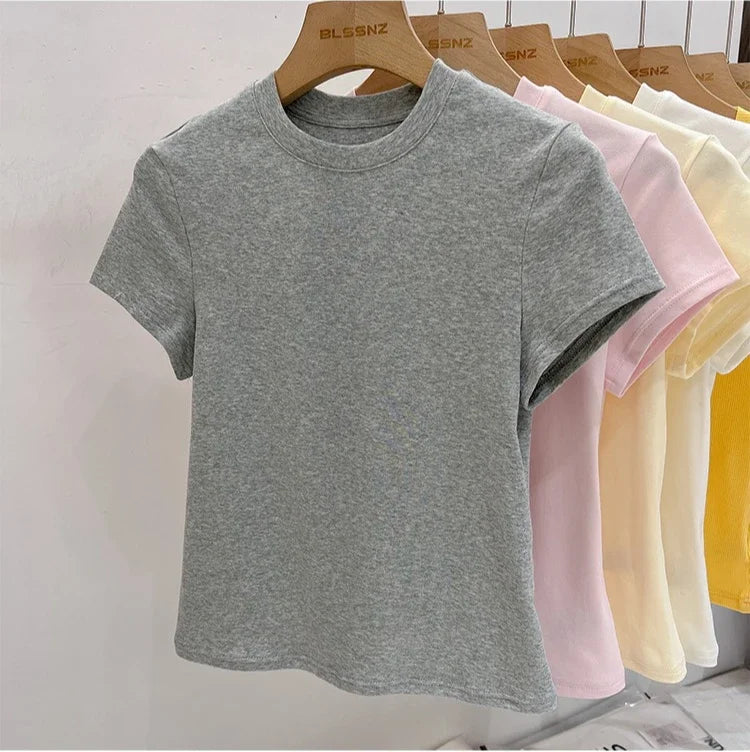 Zjaiss 2026 O-Neck Fashion T-Shirt Summer Sexy Basic Top Solid Short Sleeve Womens Tshirt Casual Korean Tee Streetwear