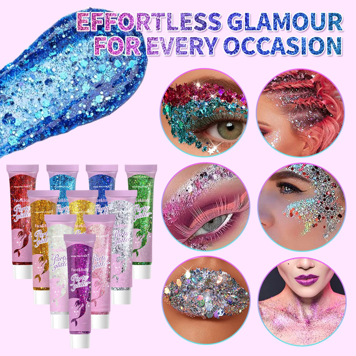 10 Color Suit Face and Body Glitter - Cosmetics Level Holographic Glitter Gel - Suitable for Holiday