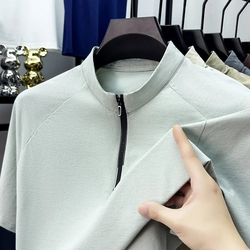 Men's Half-Zip Stand Collar Tee - Raglan Cut, Wrinkle-Free