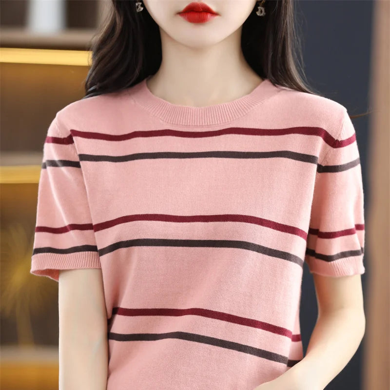 Pure Cotton Hollow Short-Sleeved Ladies Spring And Summer Loose Slim New Joker Knit Bottoming T-Shirt